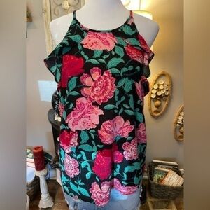 Elle black & pink floral strappy, ruffled camisole in M.